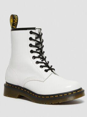 White leather Dr. Martens 1460 boots with yellow stitching Size 7US